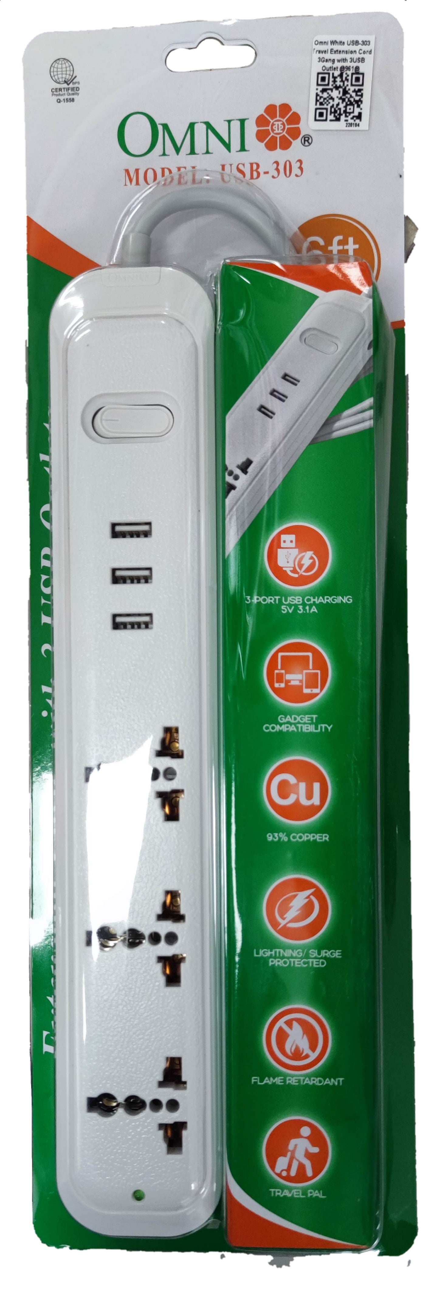 Omni universal outlet power strip with USB featuring multiple outlets and three USB ports in white