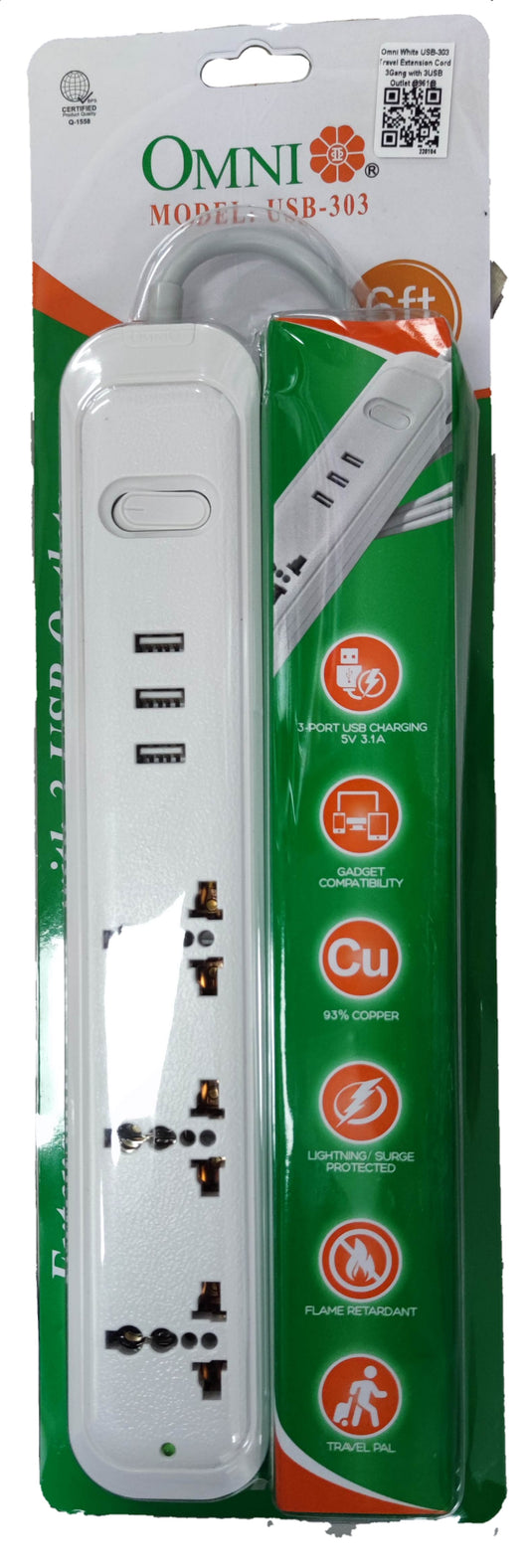 Omni universal outlet power strip with USB featuring multiple outlets and three USB ports in white