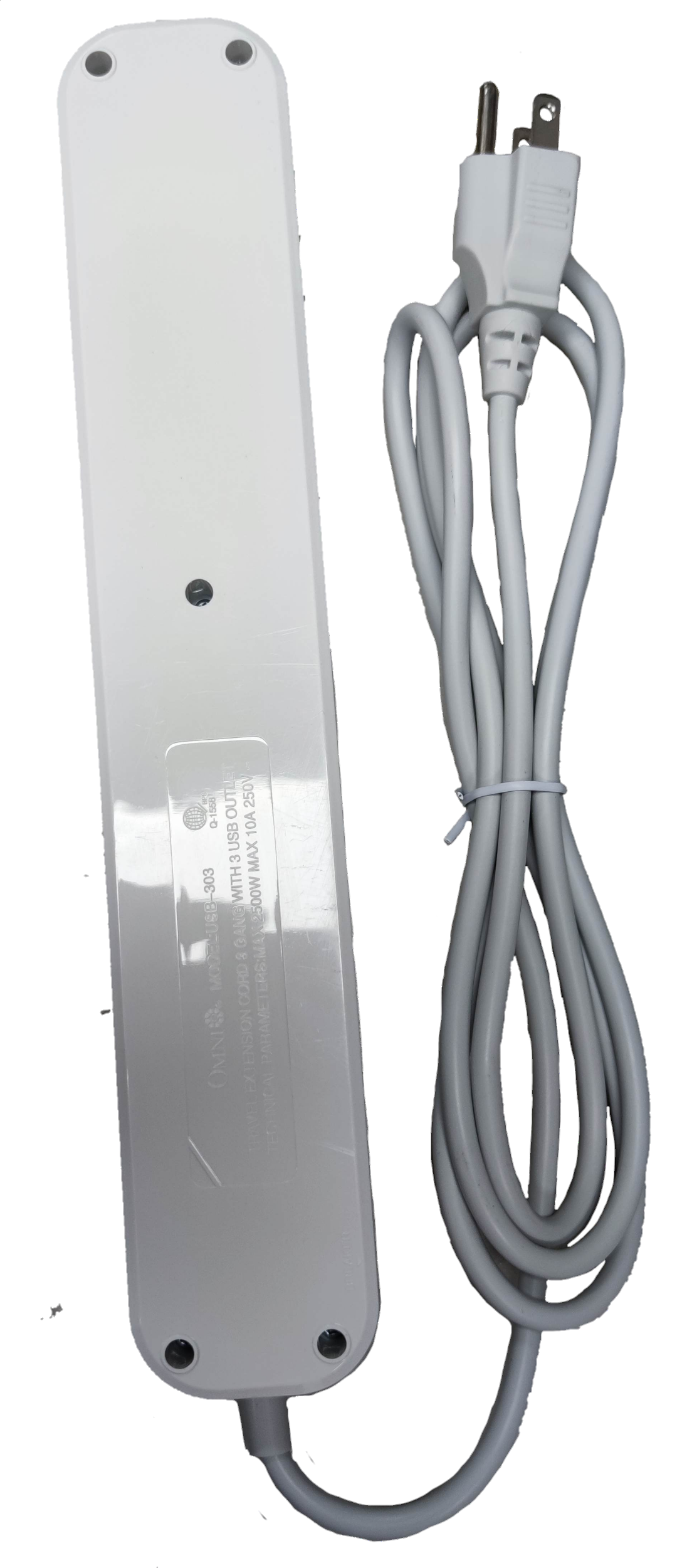 Omni universal outlet power strip with USB in white showing power cord and plug