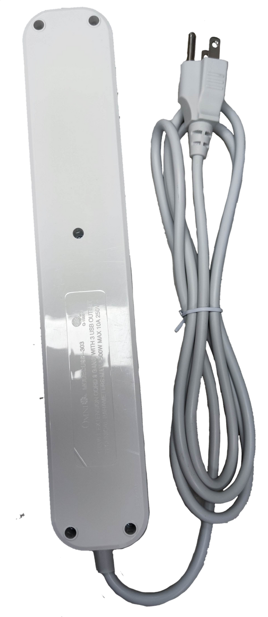 Omni universal outlet power strip with USB in white showing power cord and plug