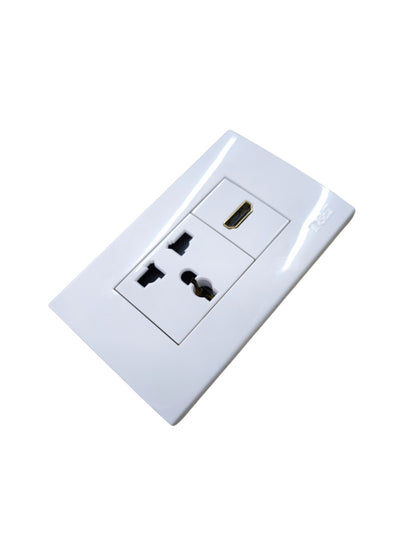 T&J universal outlet with HDMI port featuring multiple plug options and a sleek design