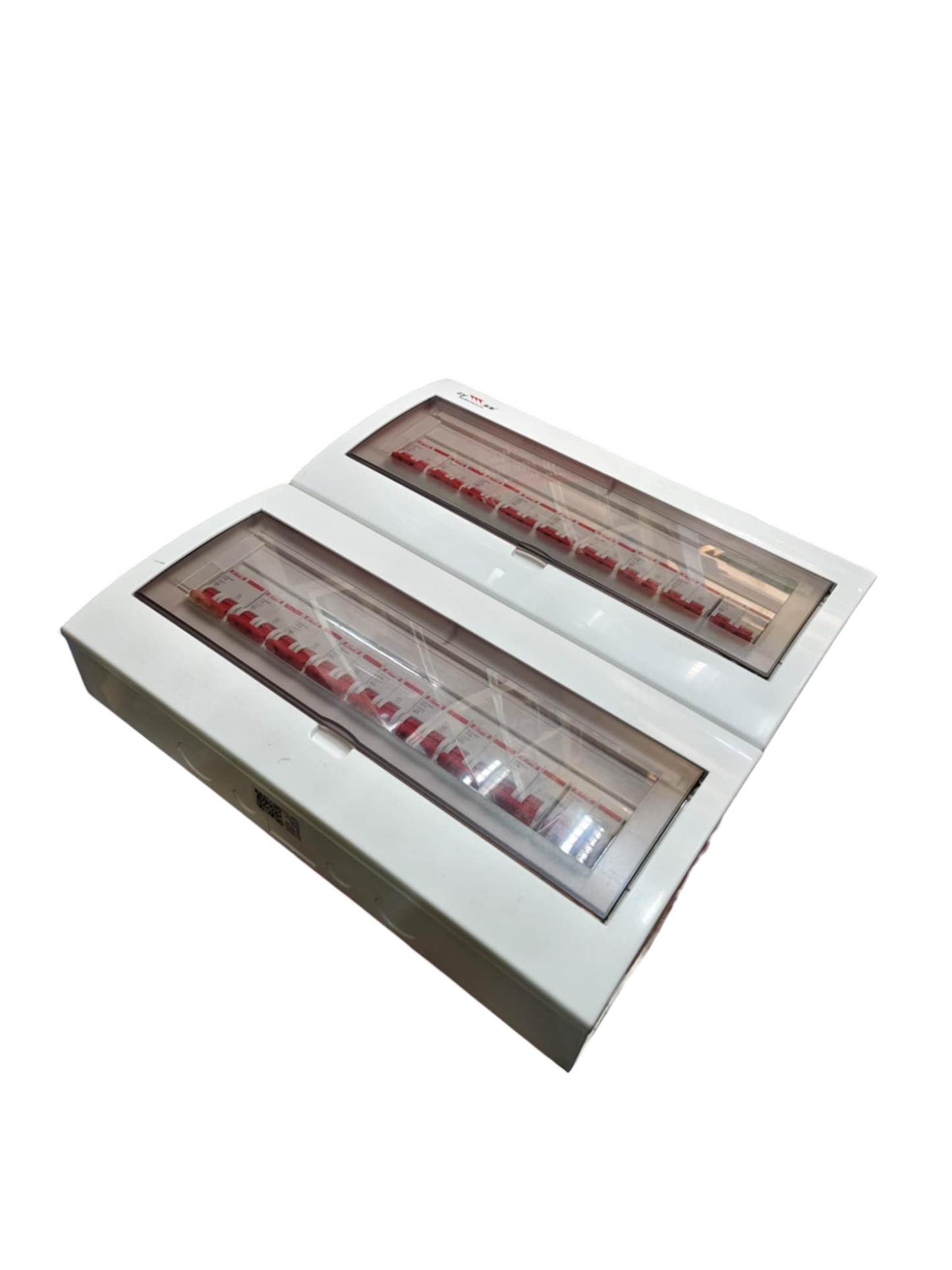 White dual electrical distribution box with transparent covers and red MCBs panel board 50A 2 pole miniature circuit breaker