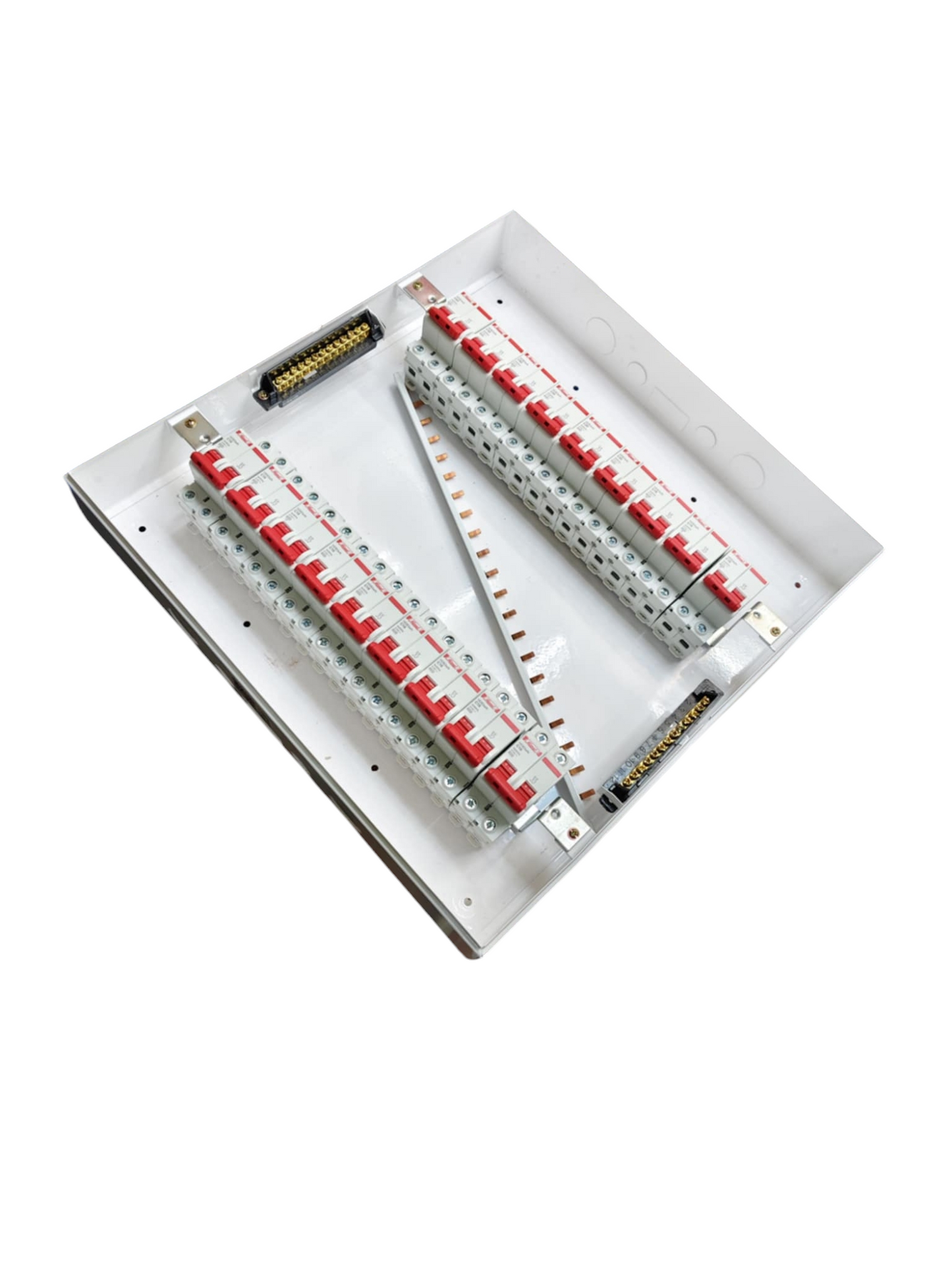 Metal panel with dual rows of red toggles and busbars for Koten Himel ZY panel board 50A 2 pole miniature circuit breaker