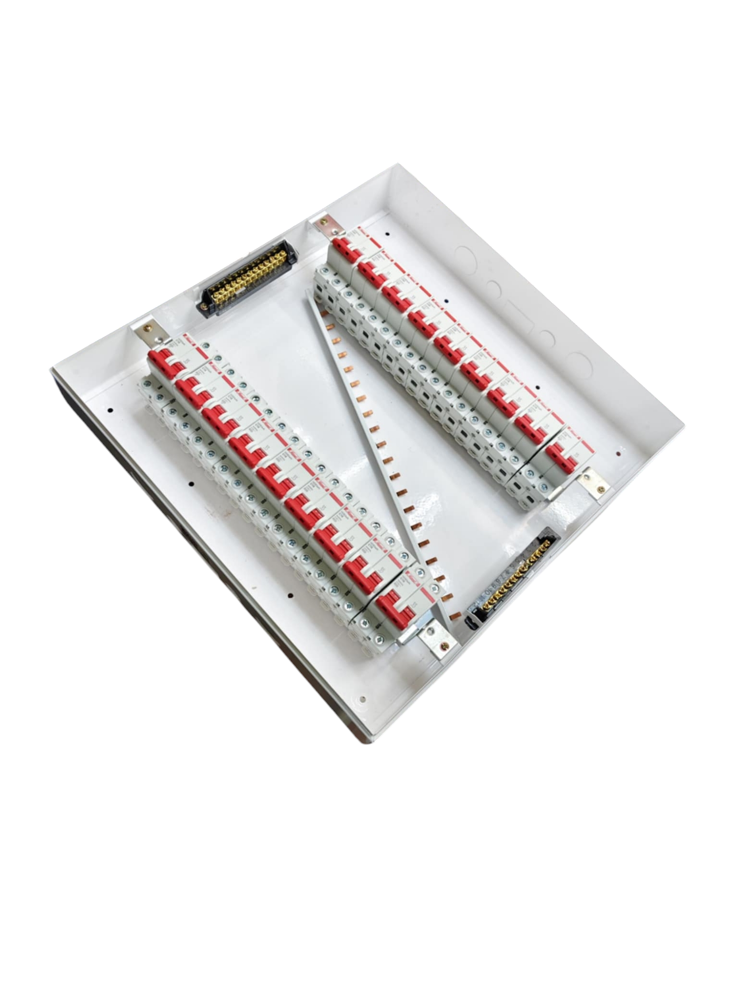 Metal panel with dual rows of red toggles and busbars for Koten Himel ZY panel board 50A 2 pole miniature circuit breaker
