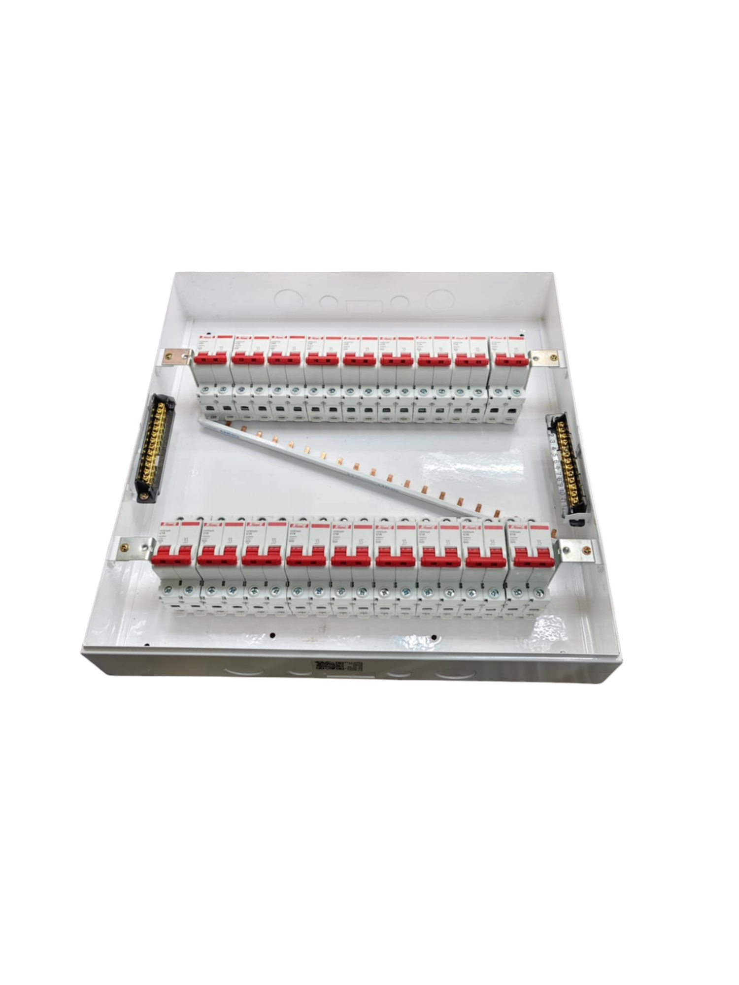 White metal distribution panel with two rows of red switch breakers and busbars panel board 50A 2 pole miniature circuit breaker