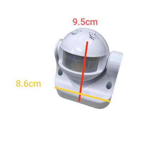 White adjustable wall mount PIR Motion Sensor 5A 220V with dome lens and bracket showing 9.5cm 8.6cm dimensions