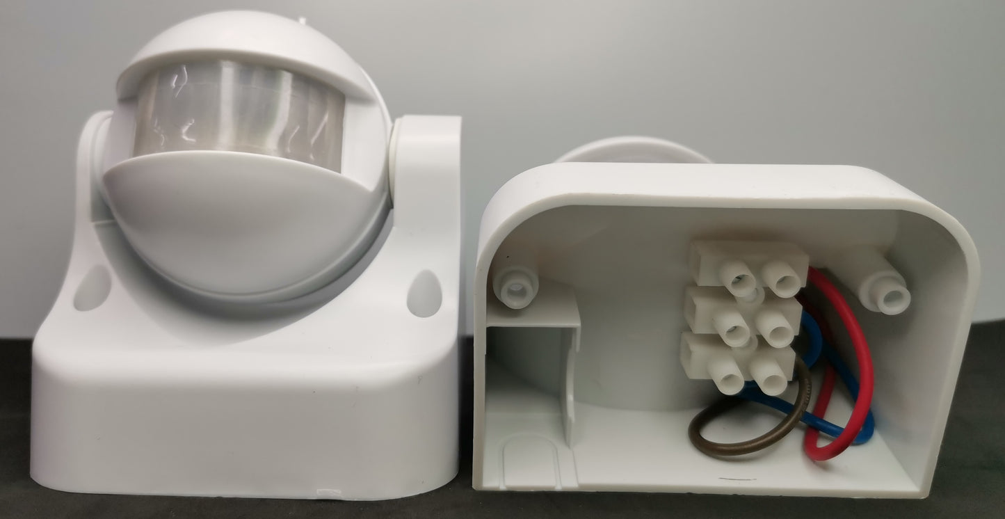 White PIR Motion Sensor 5A 220V with dome lens and swivel mount beside open back housing showing wiring and terminal block