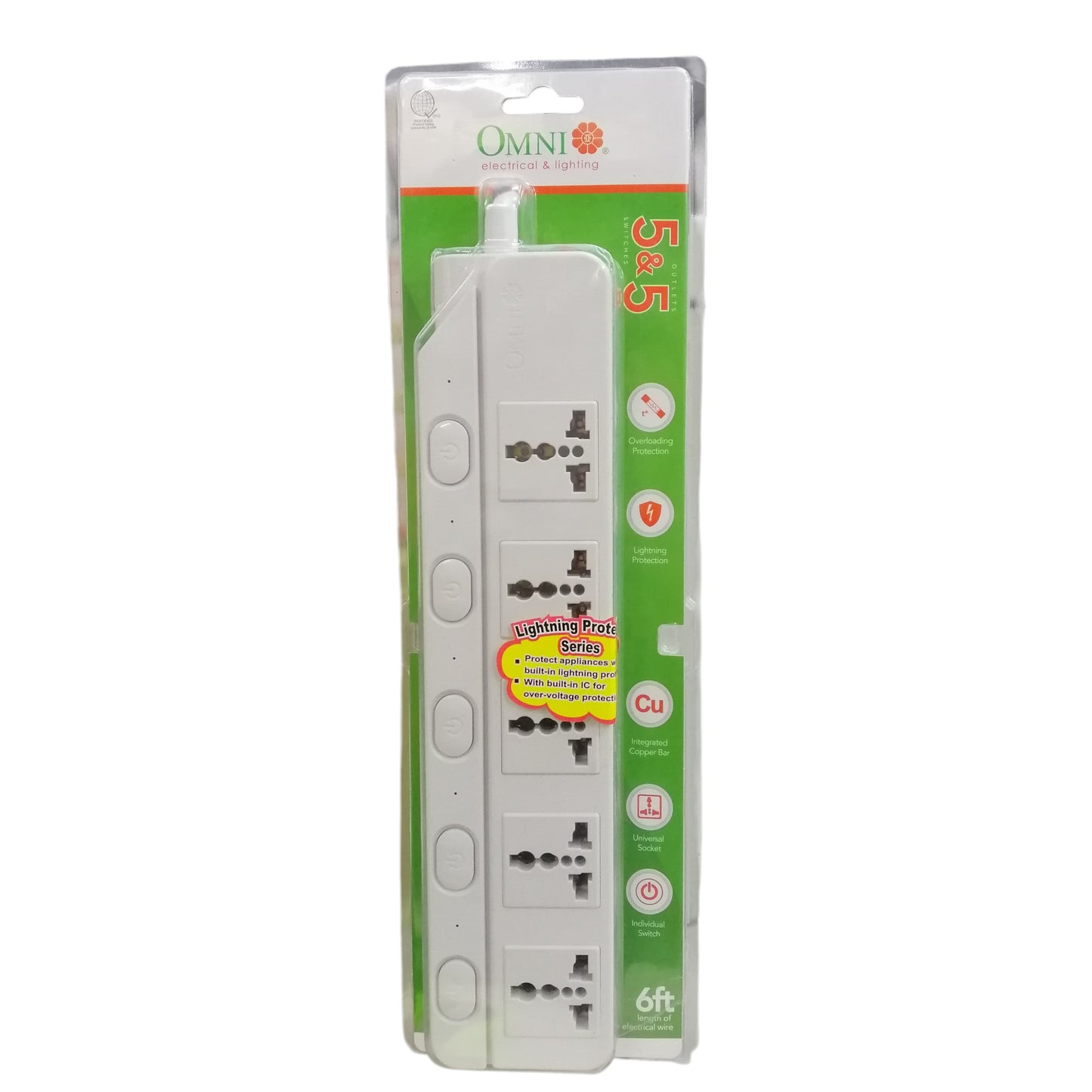 Omni universal power strip 6 feet 5 socket with individual switches and lightning protection