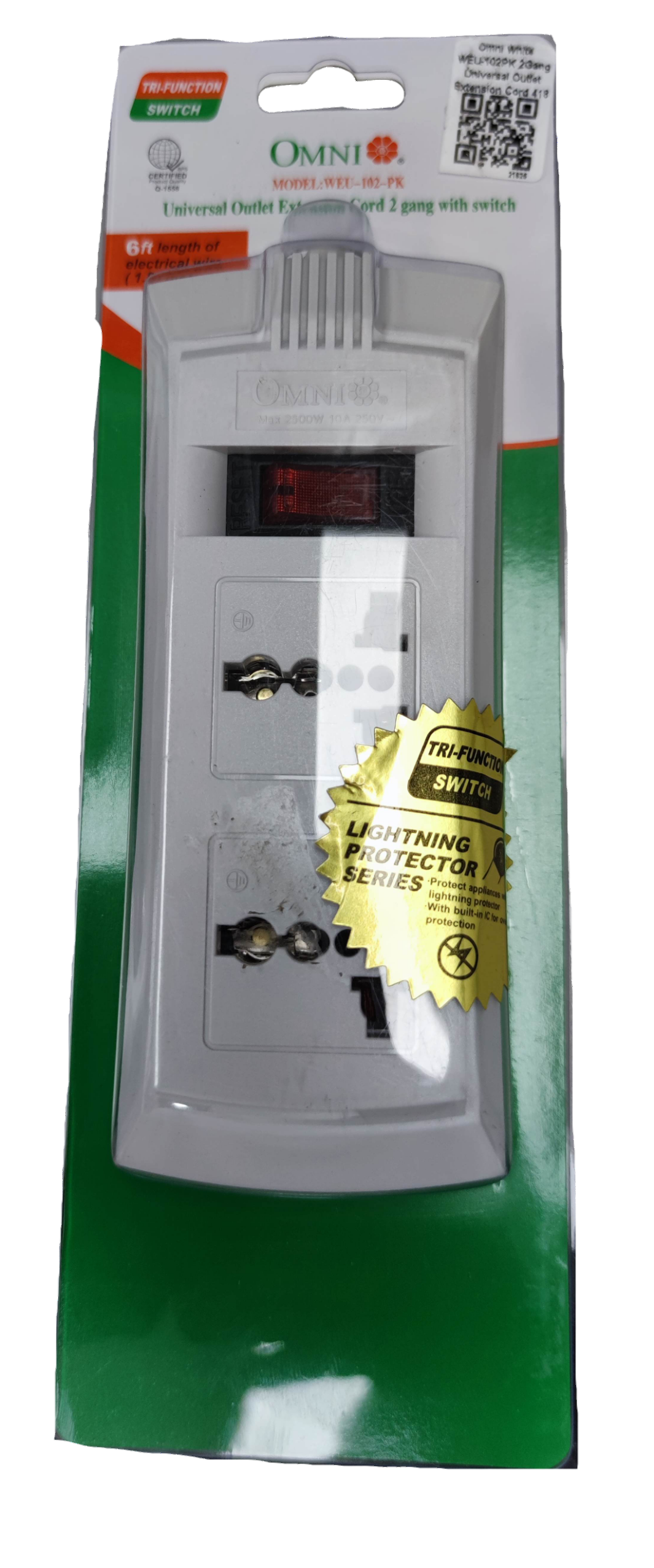 Omni universal power strip with single switch and two plug outlets with lightning protection