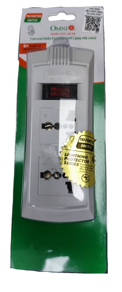 Omni universal power strip with single switch and two plug outlets with lightning protection
