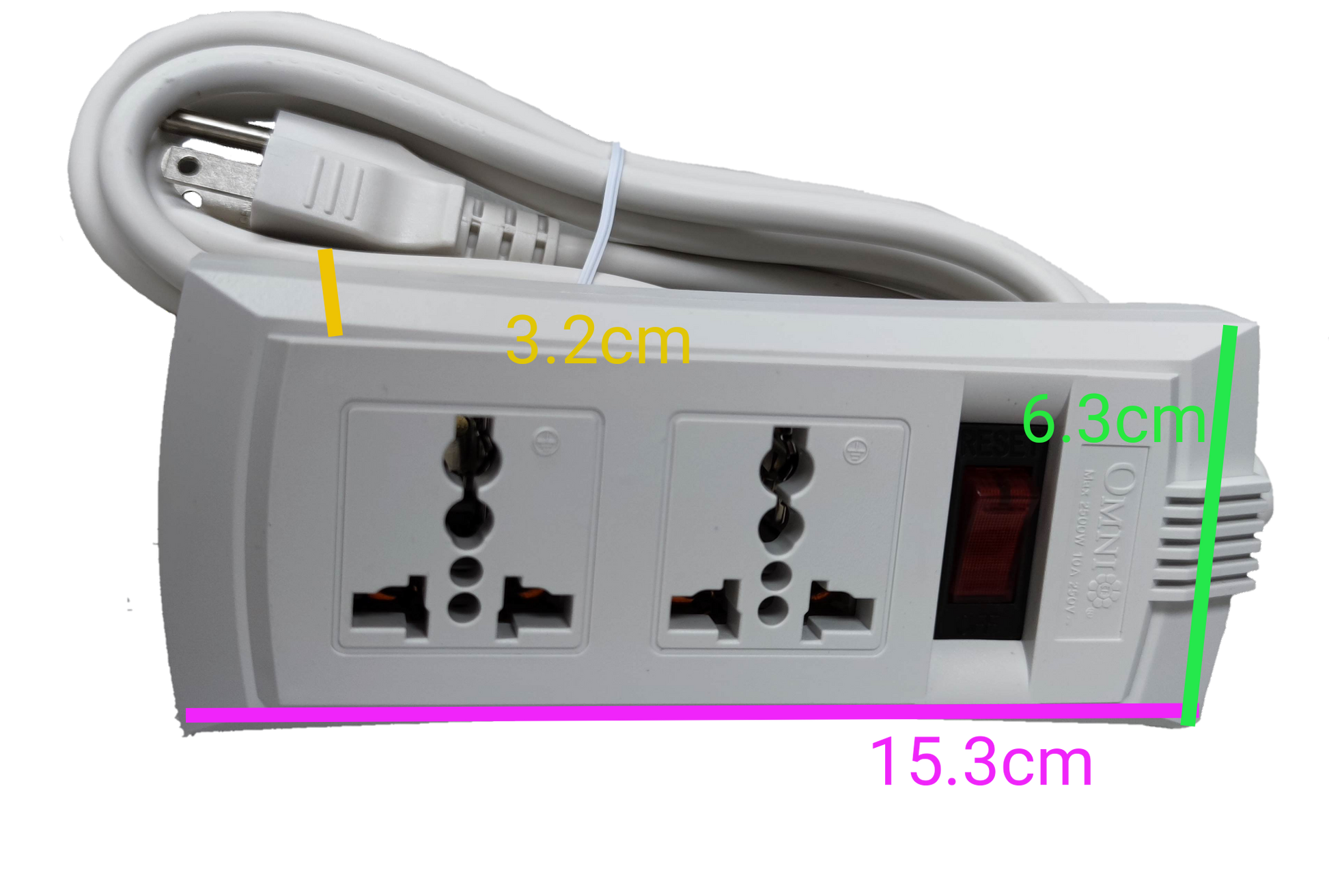 Omni universal power strip with single switch featuring two universal sockets and a white power cord