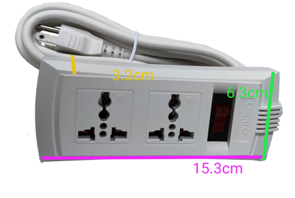 Omni universal power strip with single switch featuring two universal sockets and a white power cord