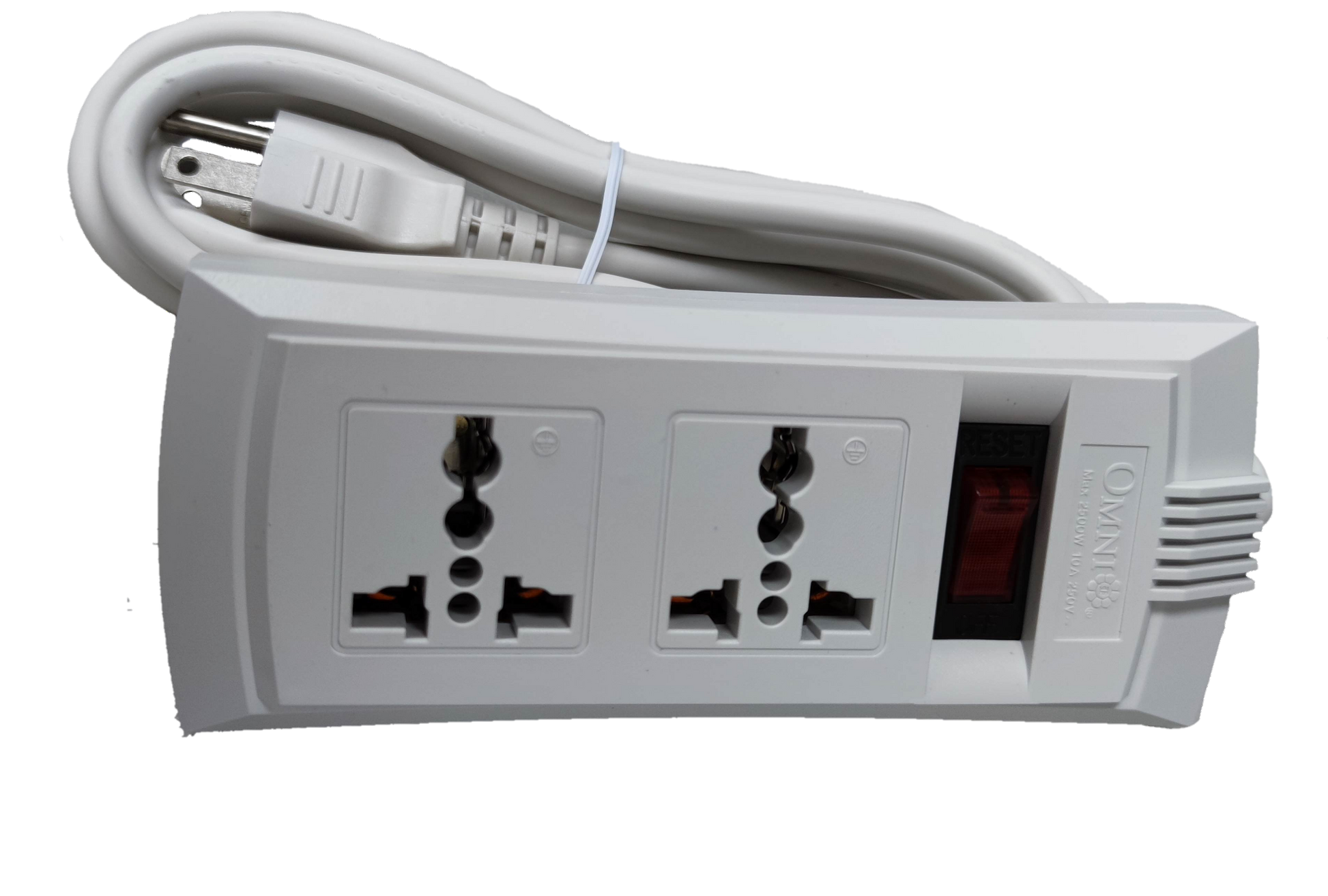 Omni universal power strip with single switch featuring two universal outlets and a long white cord