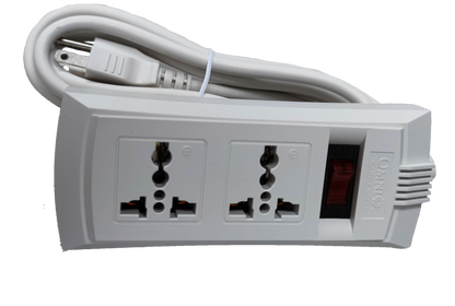 Omni universal power strip with single switch featuring two universal outlets and a long white cord