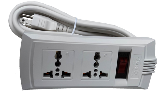Omni universal power strip with single switch featuring two universal outlets and a long white cord