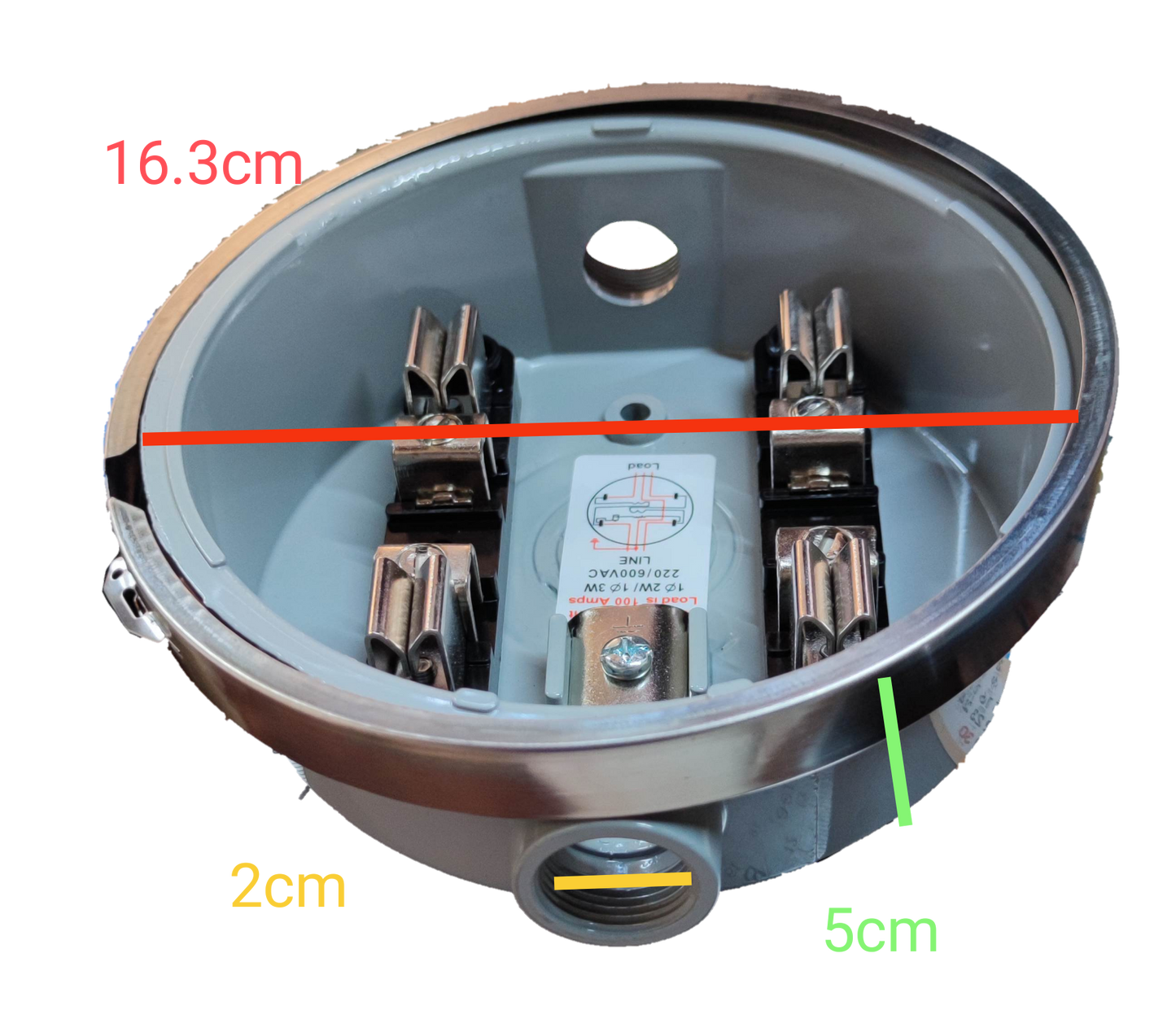 USA Round Meter Base electrical component with metal connectors and measurements visible inside