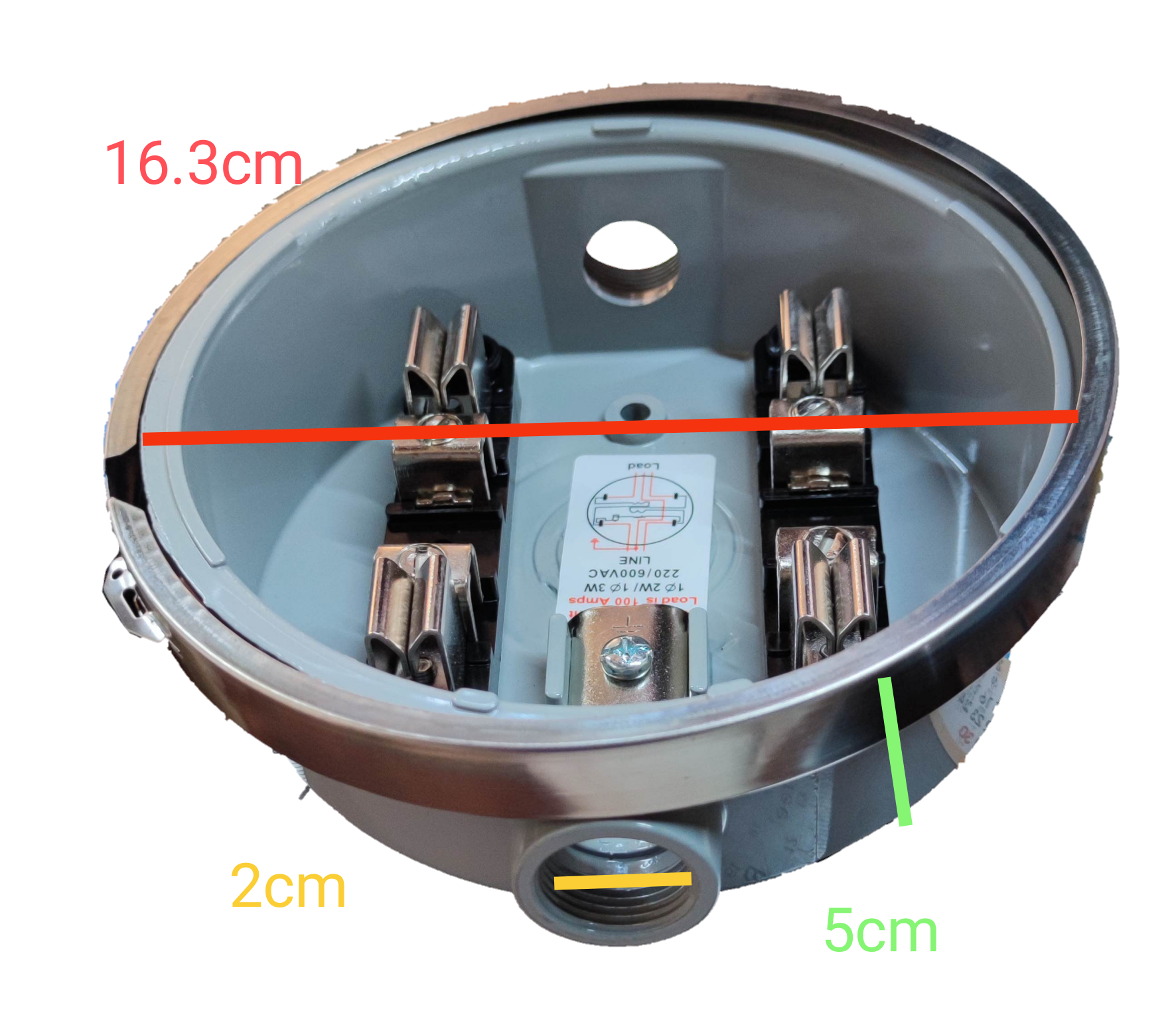 USA Round Meter Base electrical component with metal connectors and measurements visible inside