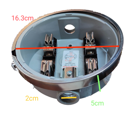 USA Round Meter Base electrical component with metal connectors and measurements visible inside