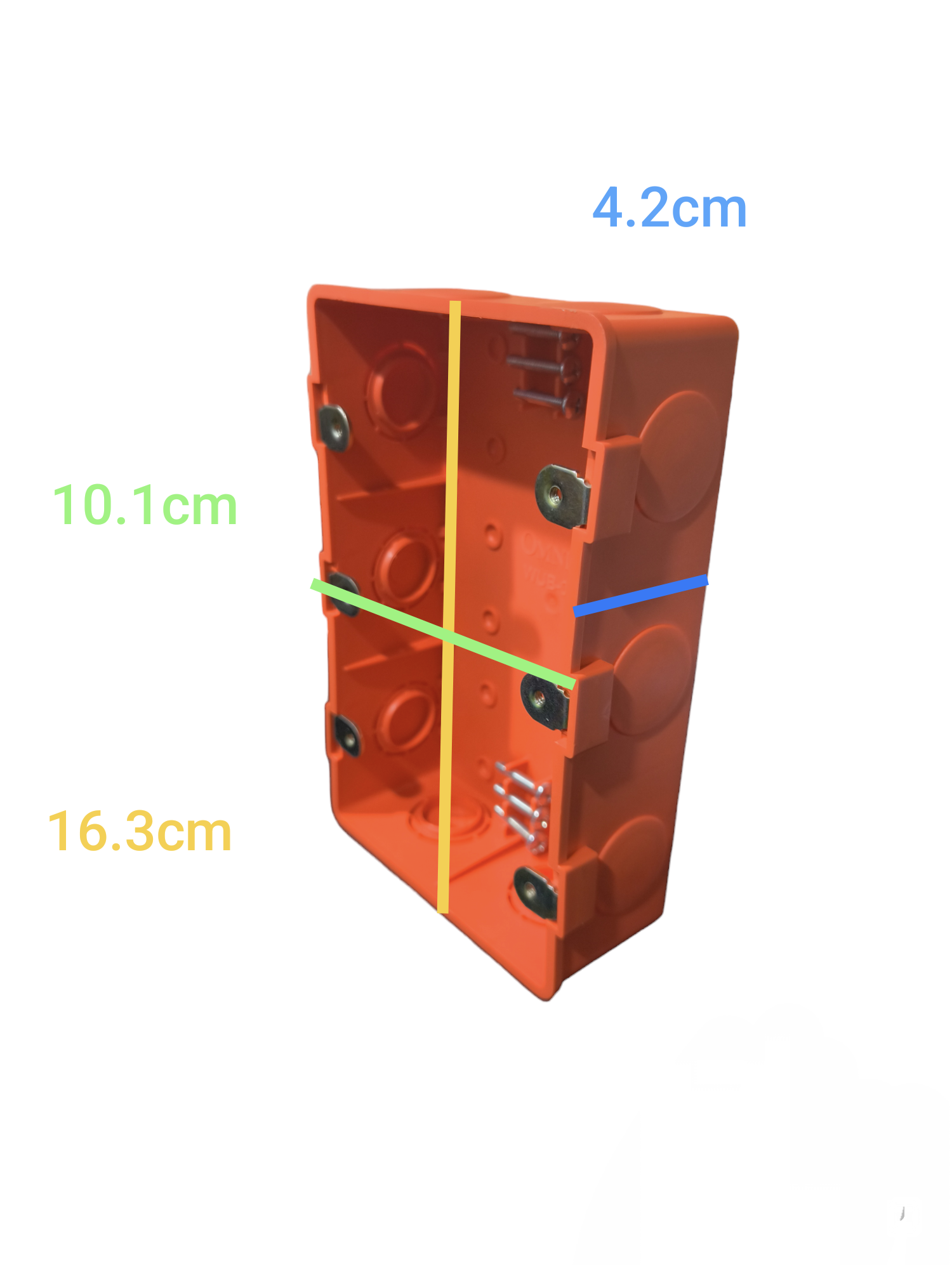 Omni Utility Box for 9 Gang Wiring Devices in orange with dimensions shown
