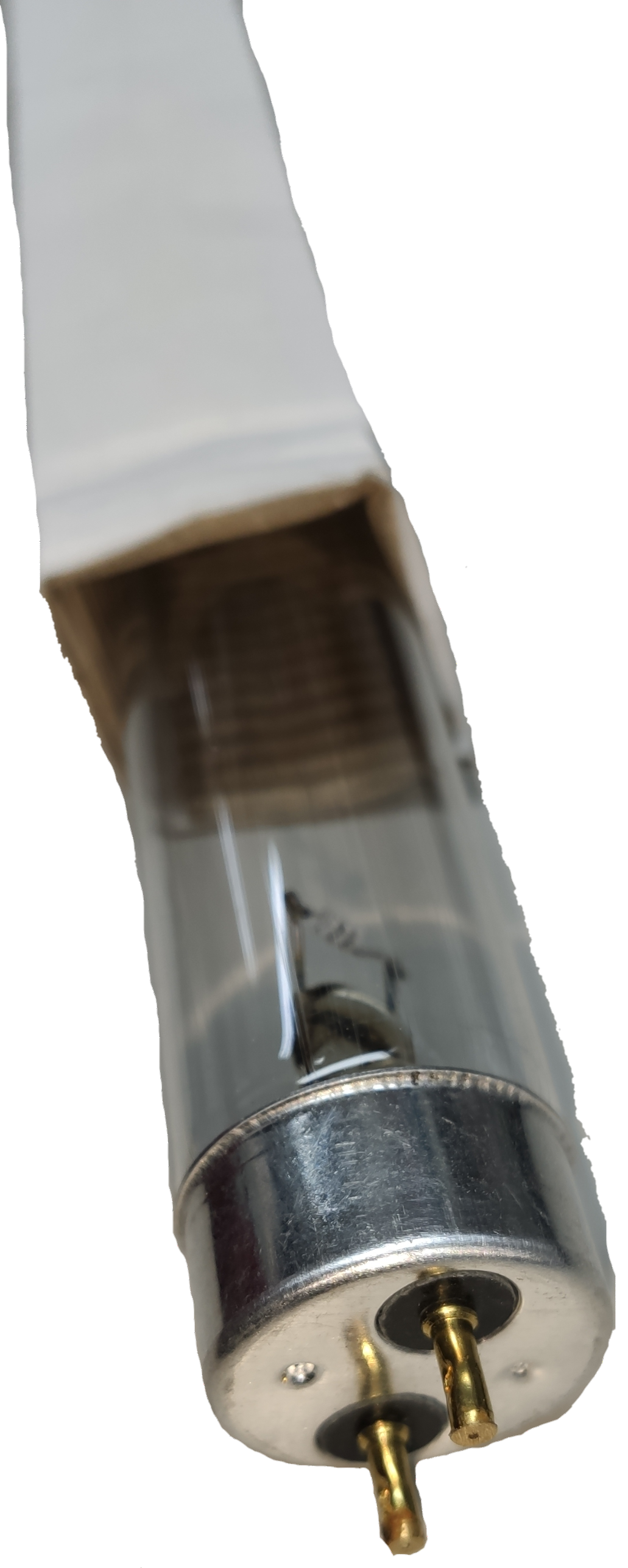 Close-up of UV-C 18W T-8 fluorescent tube with metal pins and glass body from China