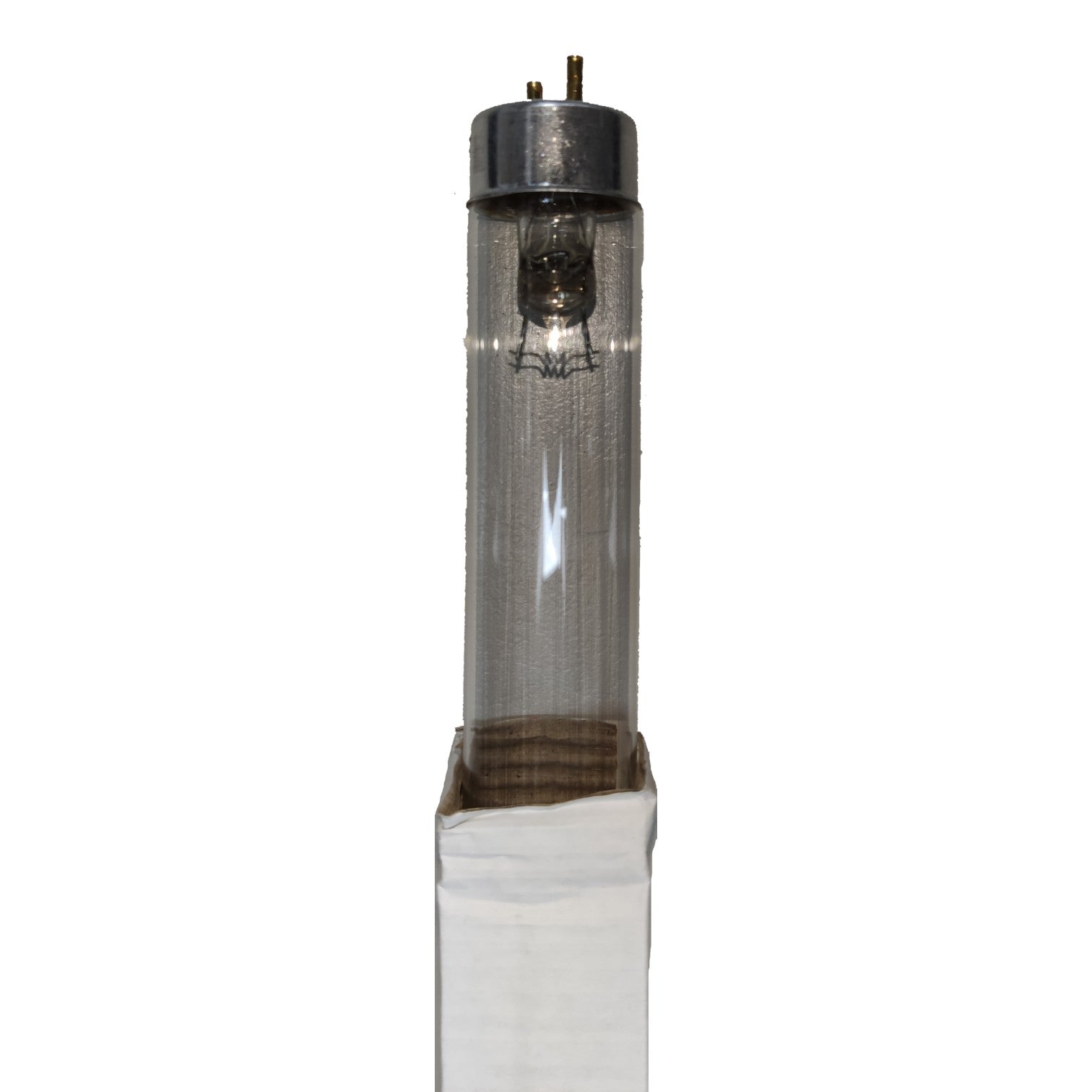 Tall cylindrical light bulb with a white base on a white background
