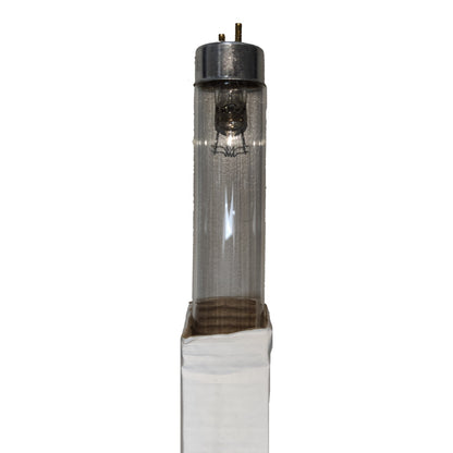Tall cylindrical light bulb with a white base on a white background