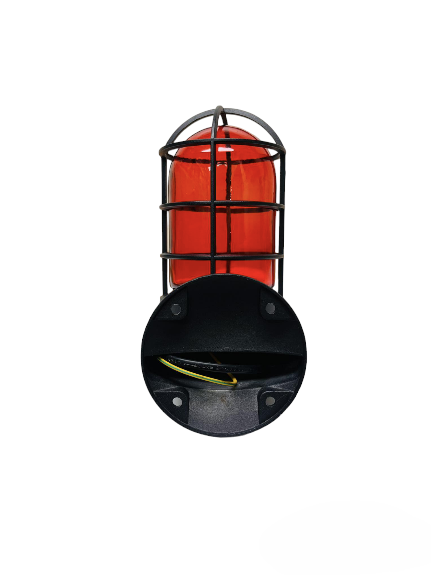 Biglite vapor lamp fixture 60W with protective black metal cage and red glass cover