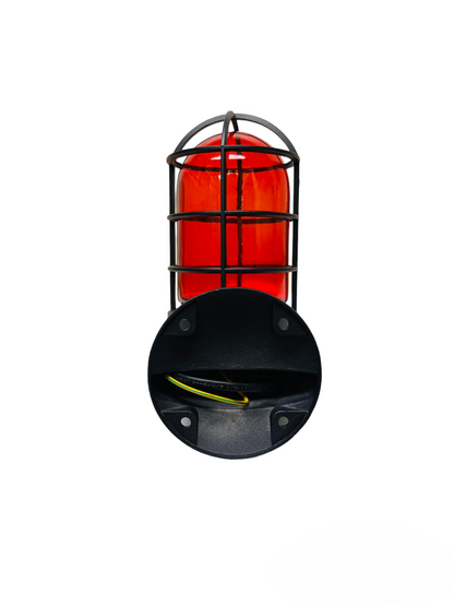 Biglite vapor lamp fixture 60W with protective black metal cage and red glass cover