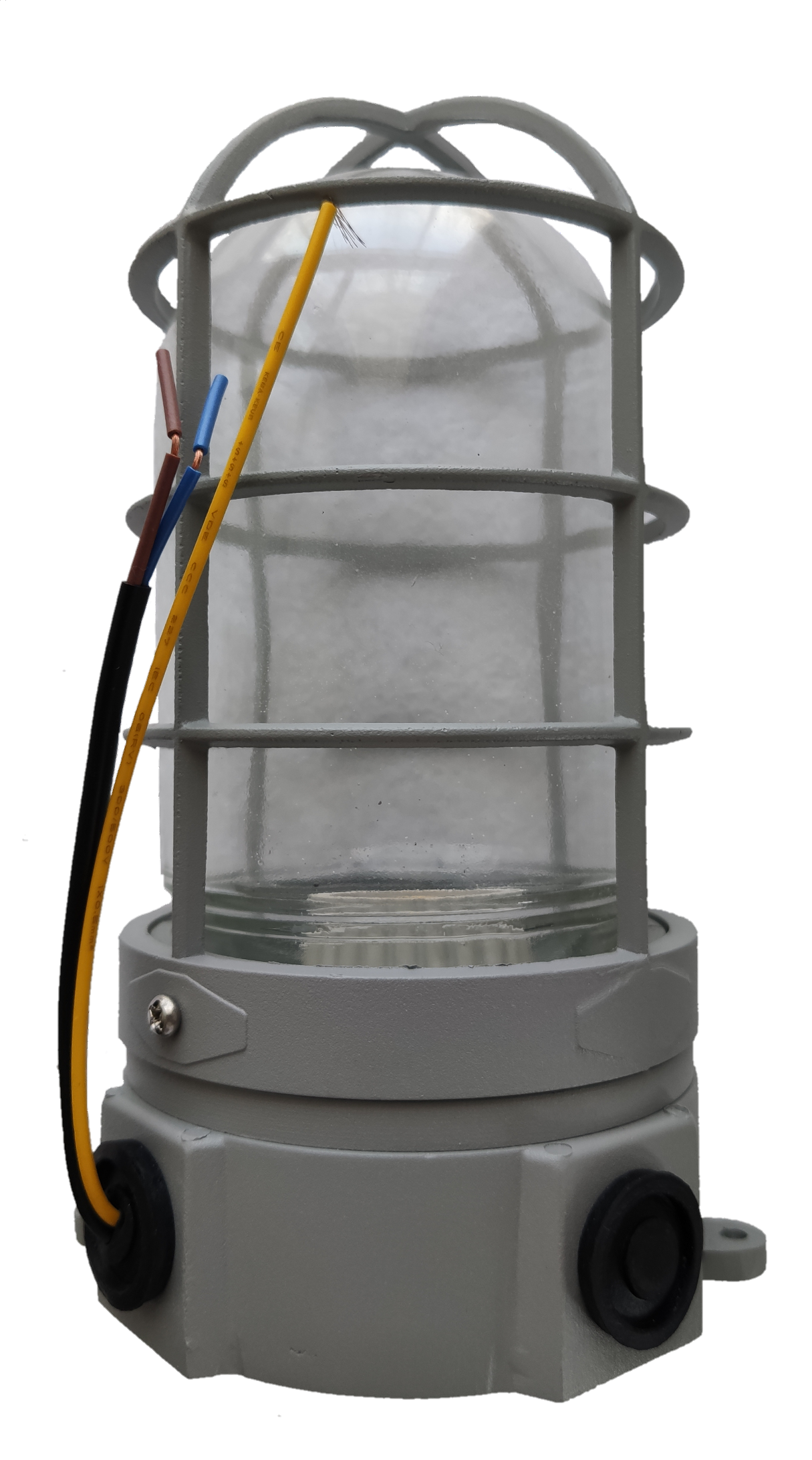 Biglite vapor lamp fixture E27 with protective cage and wiring for lighting installation