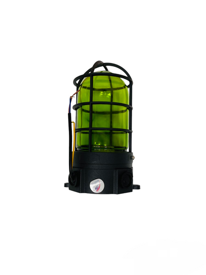 Biglite lighting installation vapor lamp fixture green glass with protective black metal cage