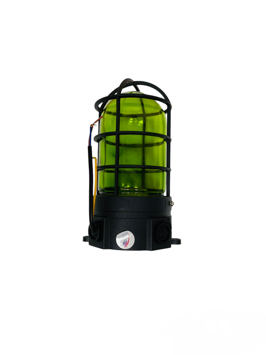 Biglite lighting installation vapor lamp fixture green glass with protective black metal cage