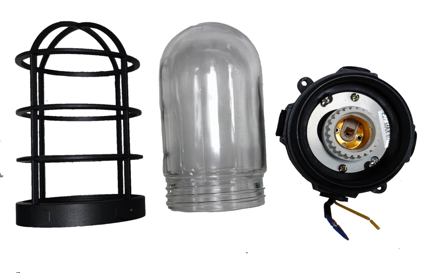 Biglite vapor proof lamp fixture with protective cage, clear glass cover, and wiring base components