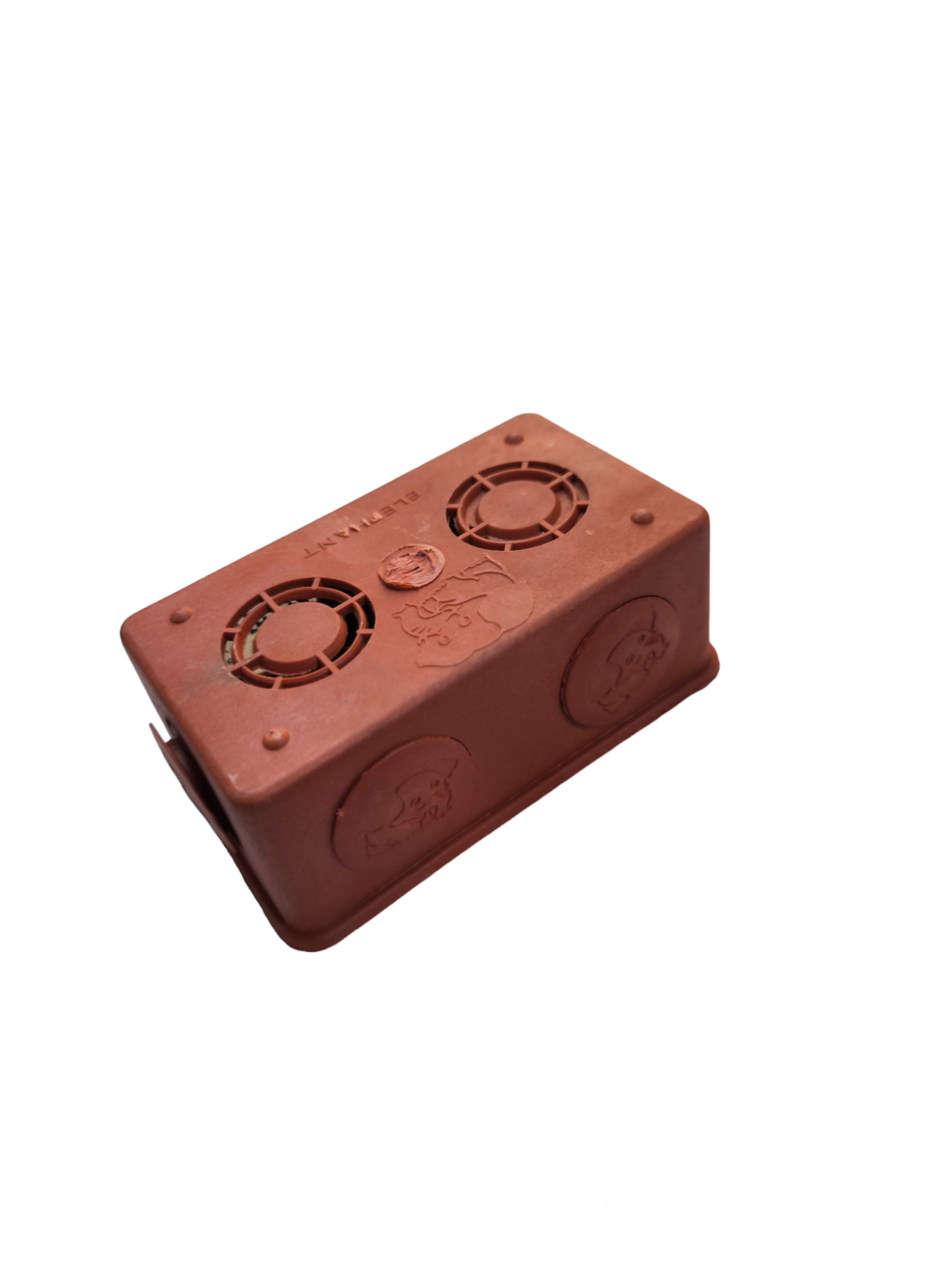 Elephant electrical circuitry part in brown rectangular plastic housing with round ventilation holes