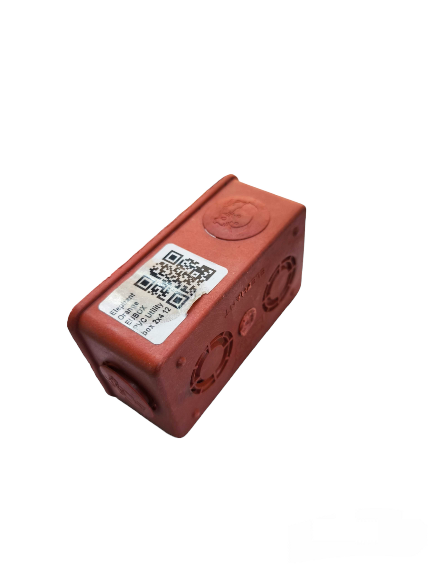 Elephant brand red electrical circuitry component with QR code label and ventilation slots