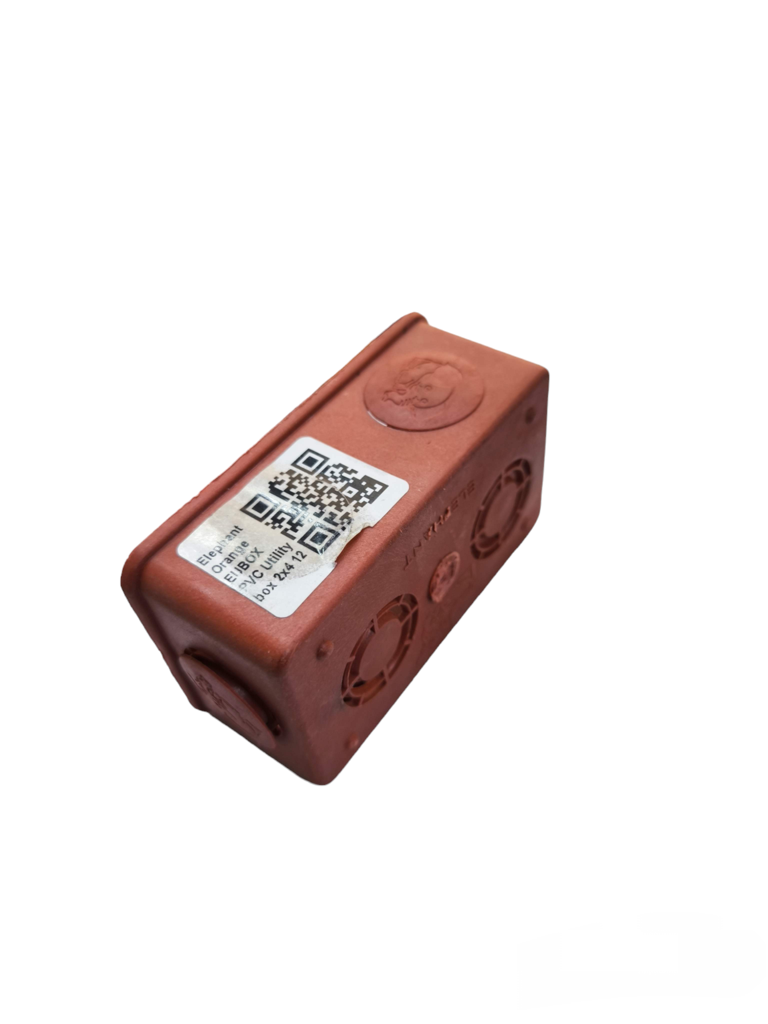 Elephant brand red electrical circuitry component with QR code label and ventilation slots