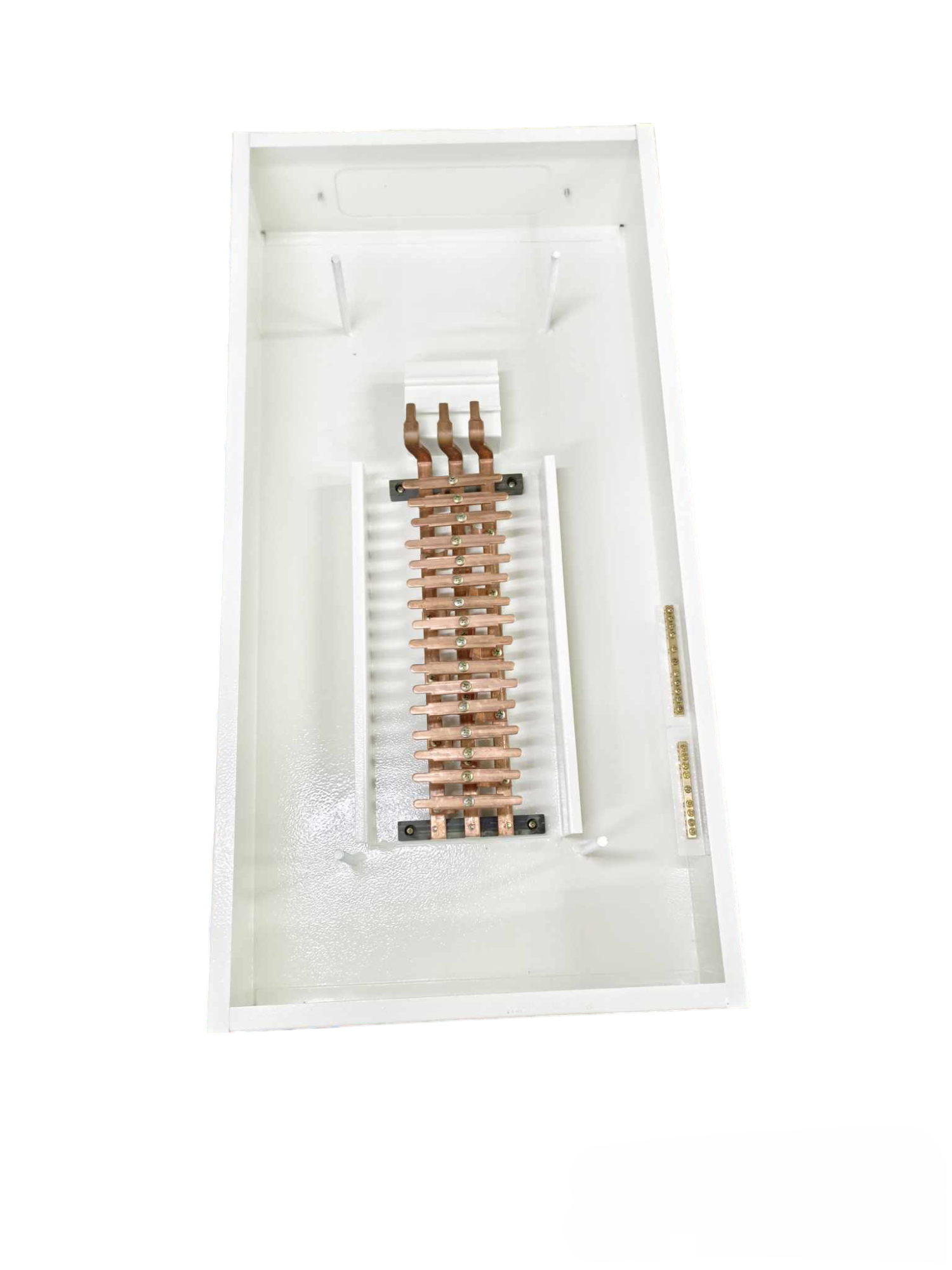Himel & Koten 100A 3 phase panel board with copper busbars in white casing for electrical circuitry