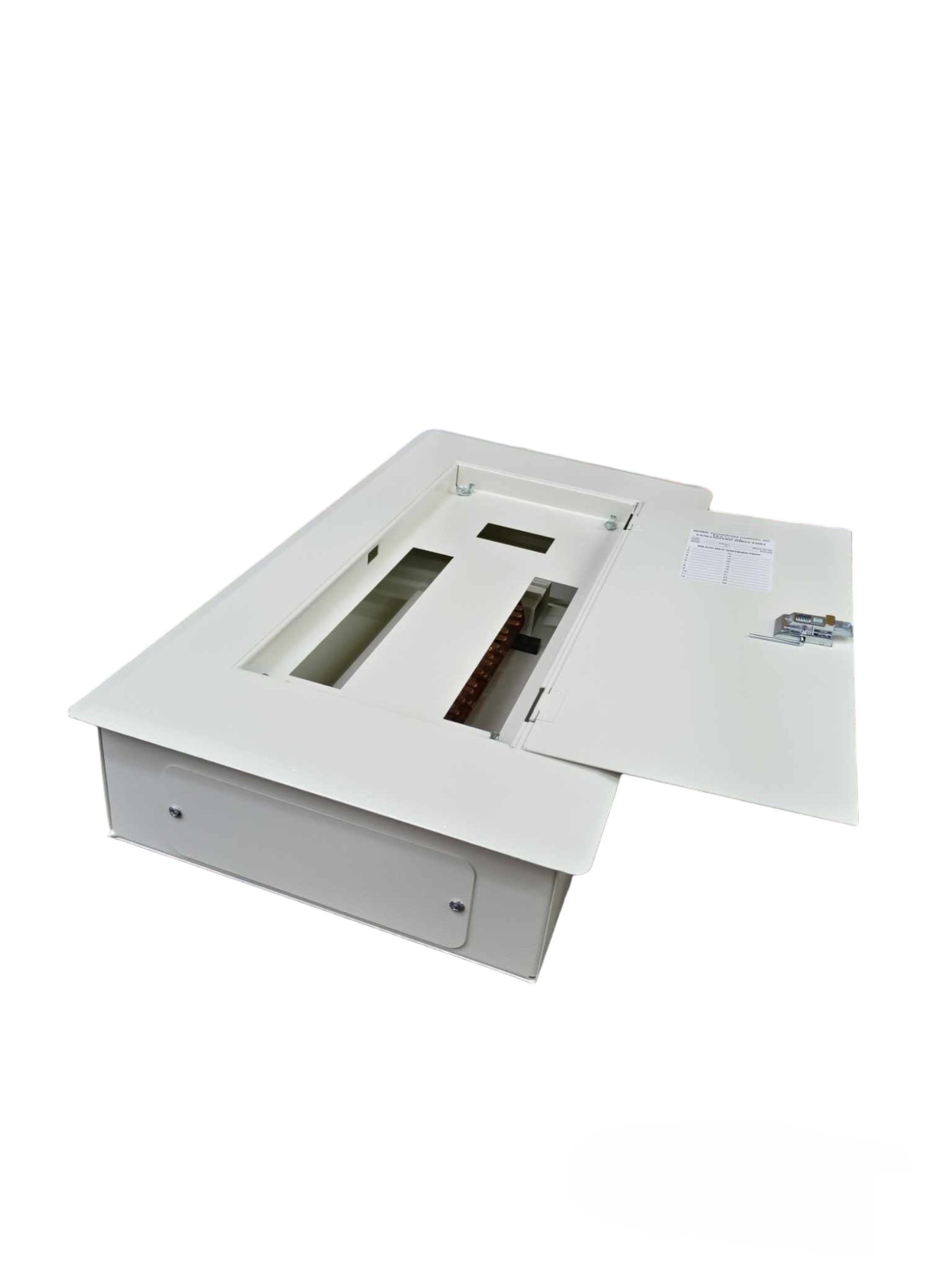 Himel and Koten 100A 3 phase panel board with white metal enclosure and open door