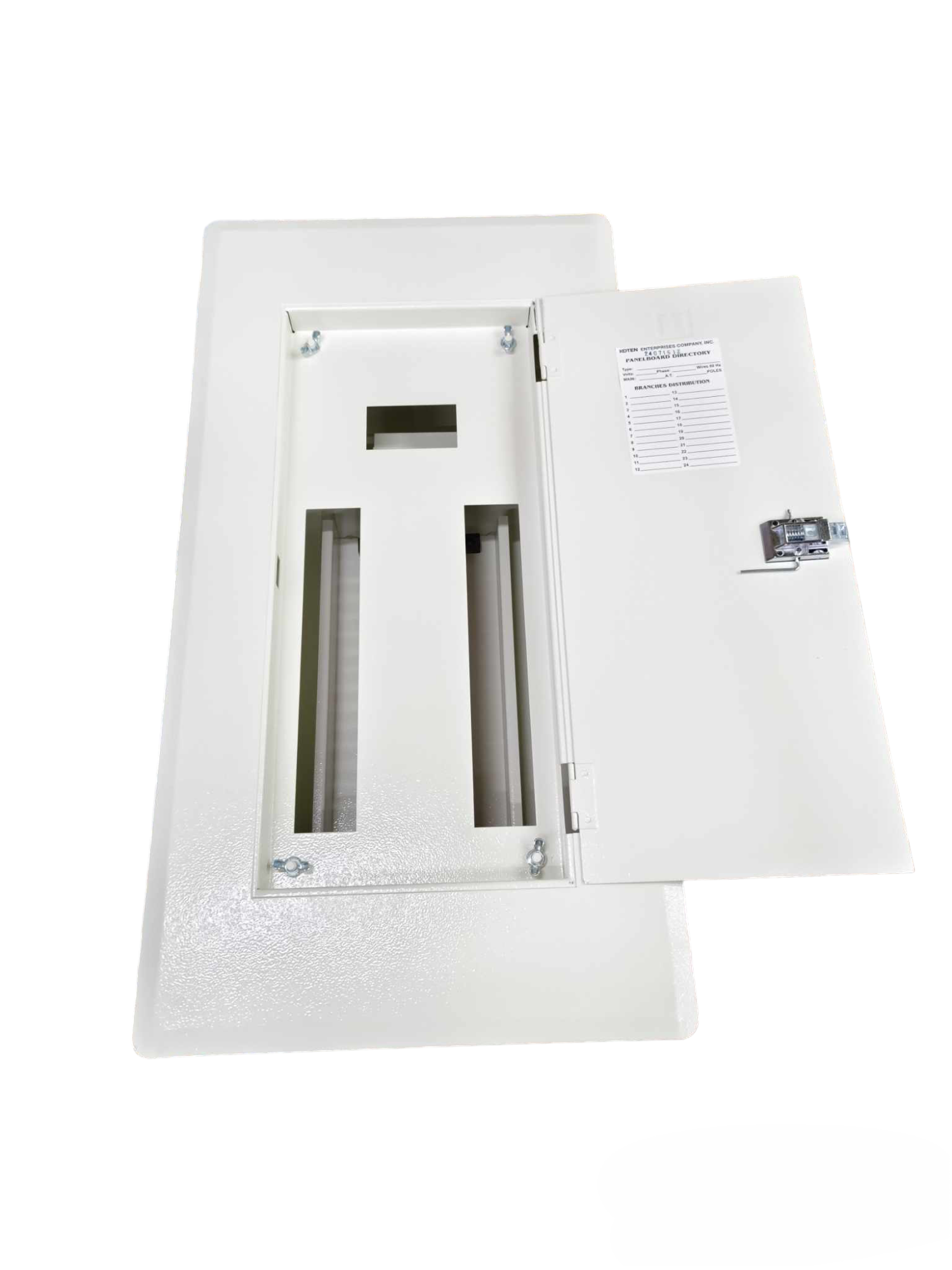 Himel & Koten 100A 3 phase panel board electrical circuitry with open white metal door