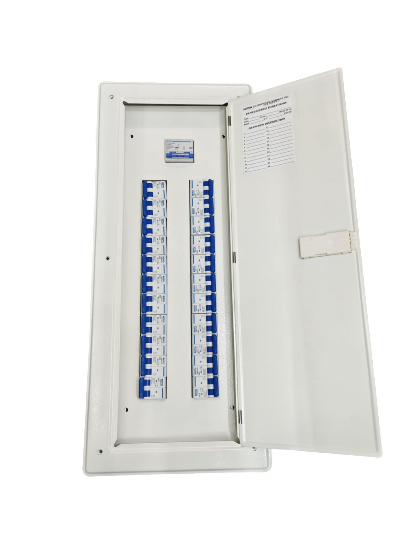 Chint 100A panel board 2 pole electrical circuitry with multiple circuit breakers inside white metal enclosure