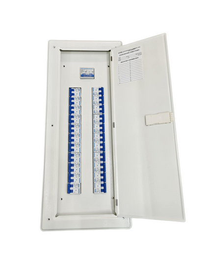 Chint 100A panel board 2 pole electrical circuitry with multiple circuit breakers inside white metal enclosure