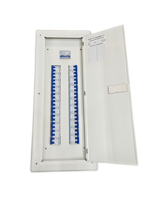 Chint 100A panel board 2 pole electrical circuitry with multiple circuit breakers inside white metal enclosure