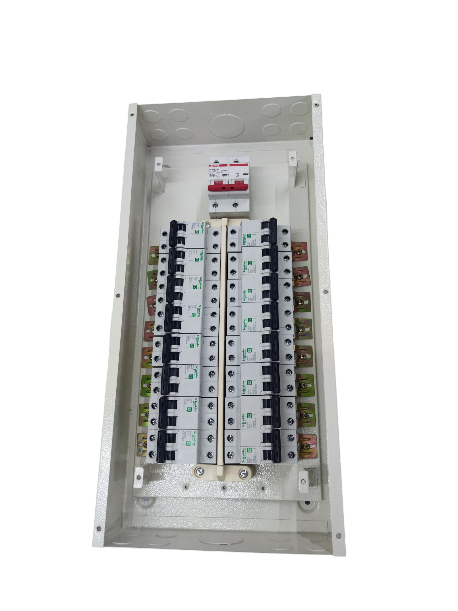 Himel 125A 2 pole panel board with multiple circuit breakers for electrical control