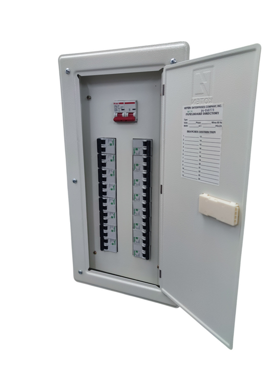 Himel 125A 2 pole panel board with multiple circuit breakers and an open metal enclosure