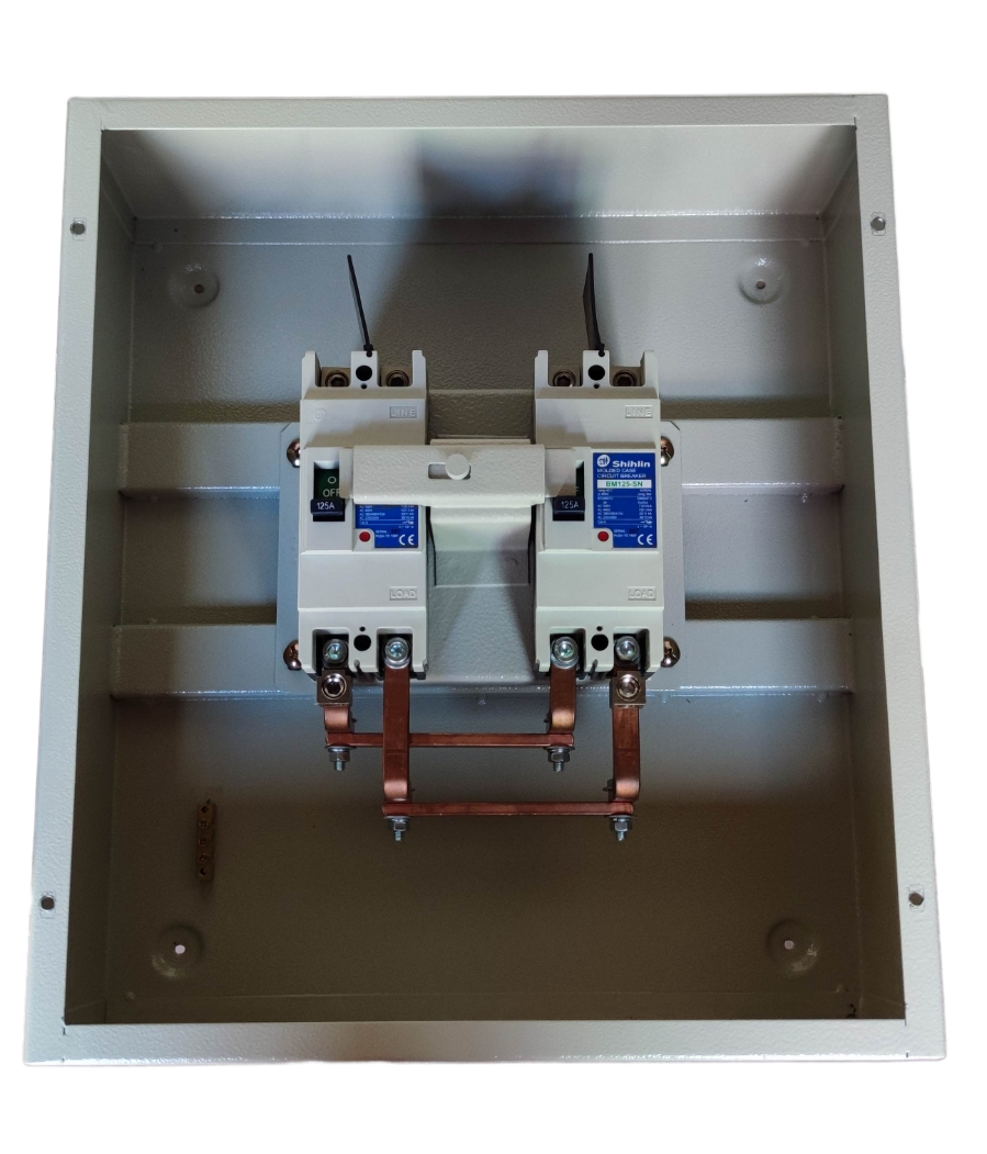 Shihlin 125A MTS 2 Pole Single Pole electrical circuit breaker mounted inside a metal panel box