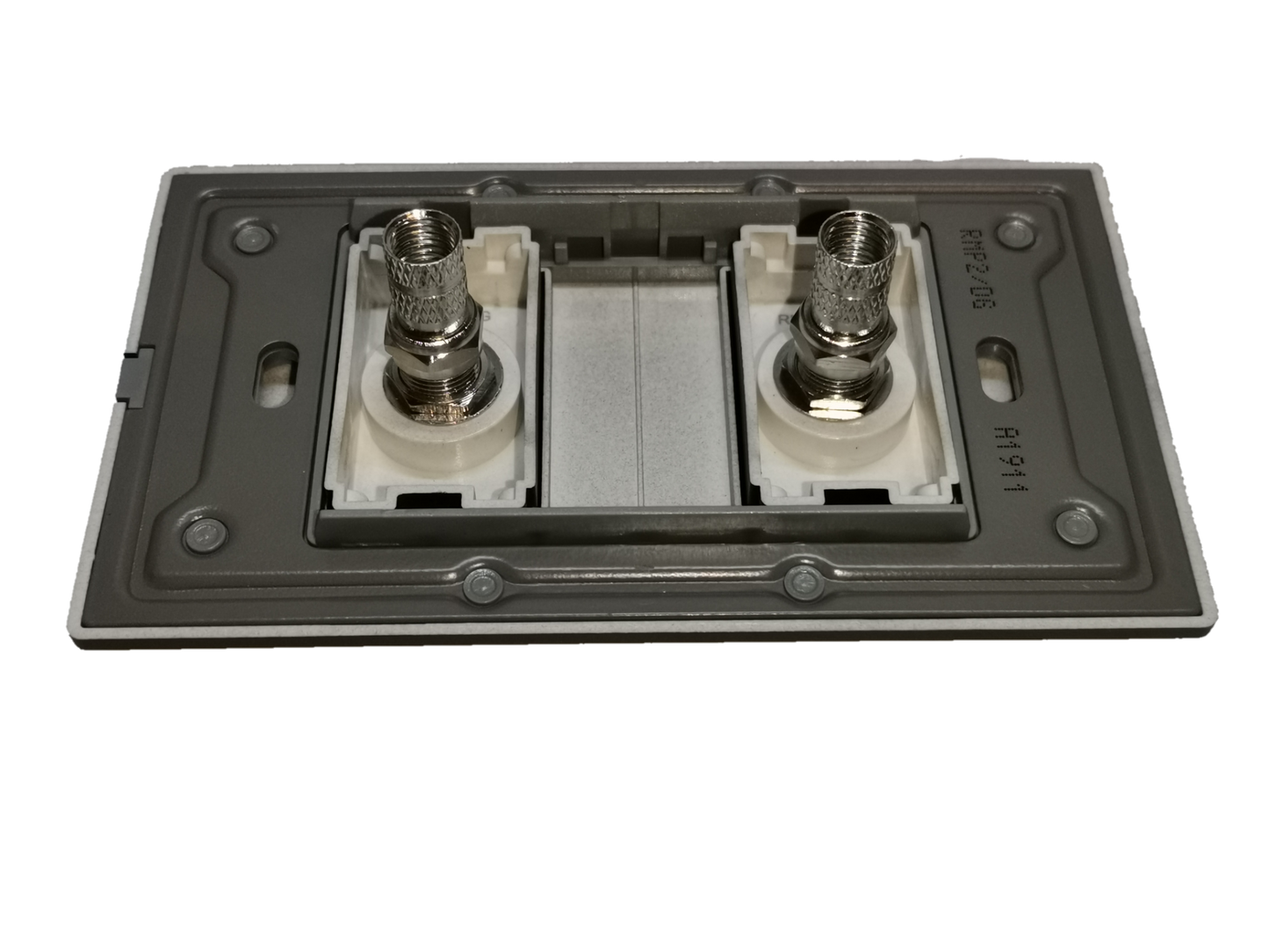 Electx Electrical Supply 2 gang cable TV outlet with dual coaxial connectors in metal frame