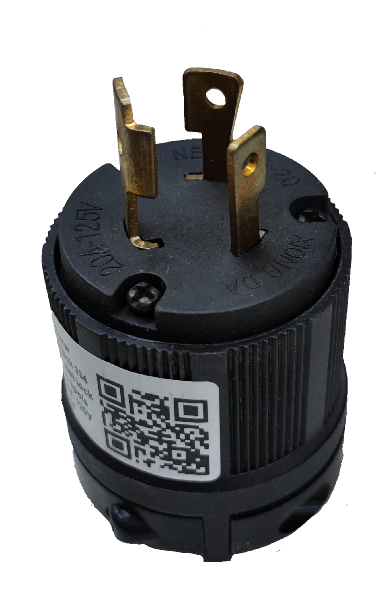 Surer 20A 125V L5-20 Twistlock 334 black electrical plug with three brass prongs and QR code label