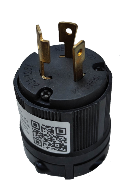 Surer 20A 125V L5-20 Twistlock 334 black electrical plug with three brass prongs and QR code label