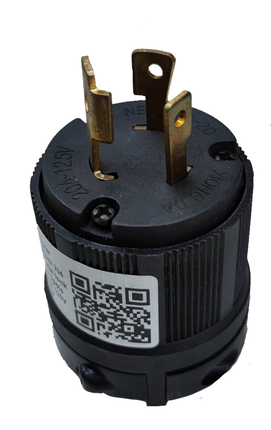 Surer 20A 125V L5-20 Twistlock 334 black electrical plug with three brass prongs and QR code label