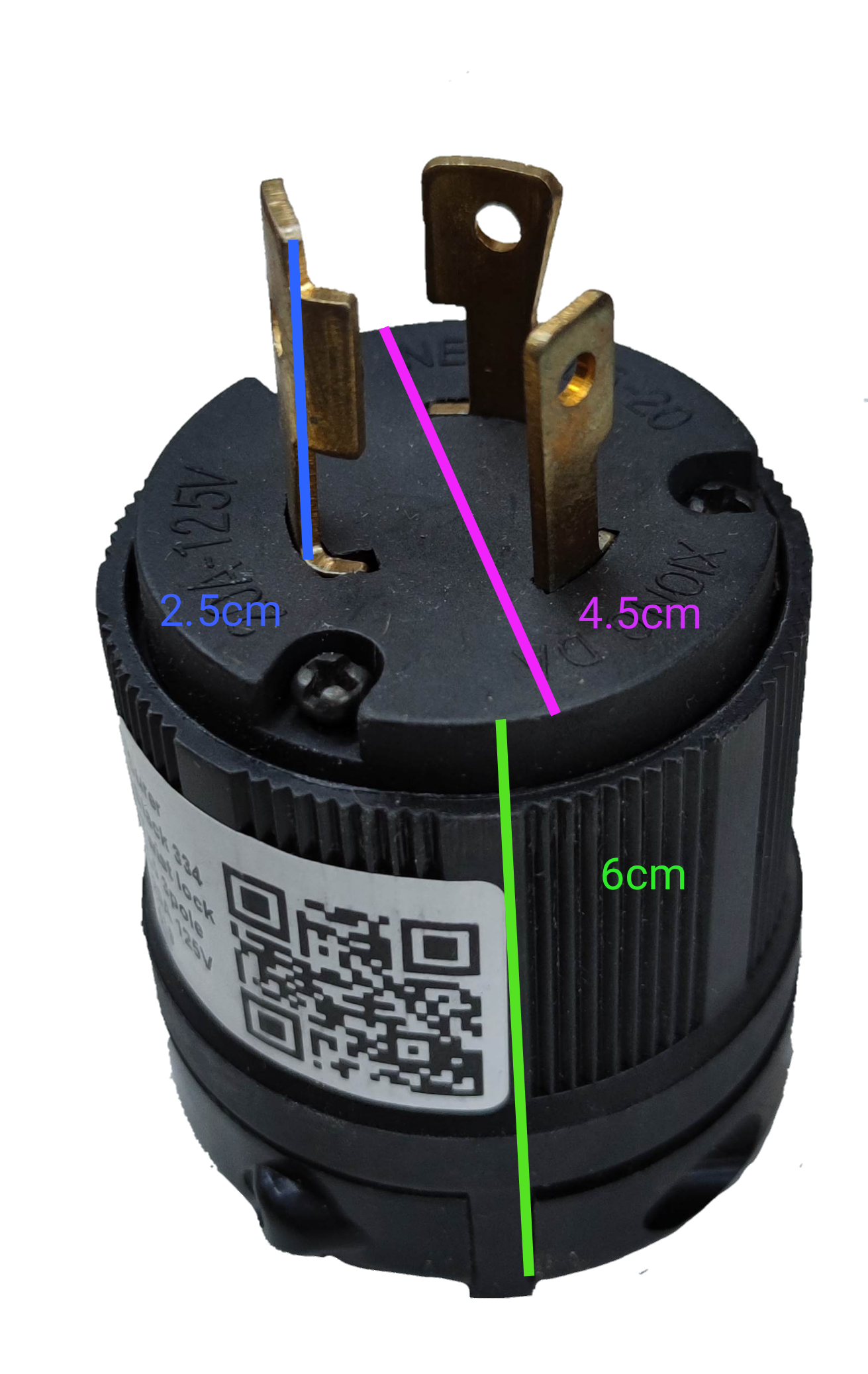 Surer 20A 125V L5-20 Twistlock 334 black electrical plug with three brass prongs and measurement markings