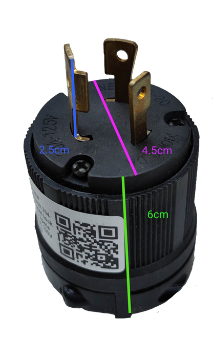 Surer 20A 125V L5-20 Twistlock 334 black electrical plug with three brass prongs and measurement markings